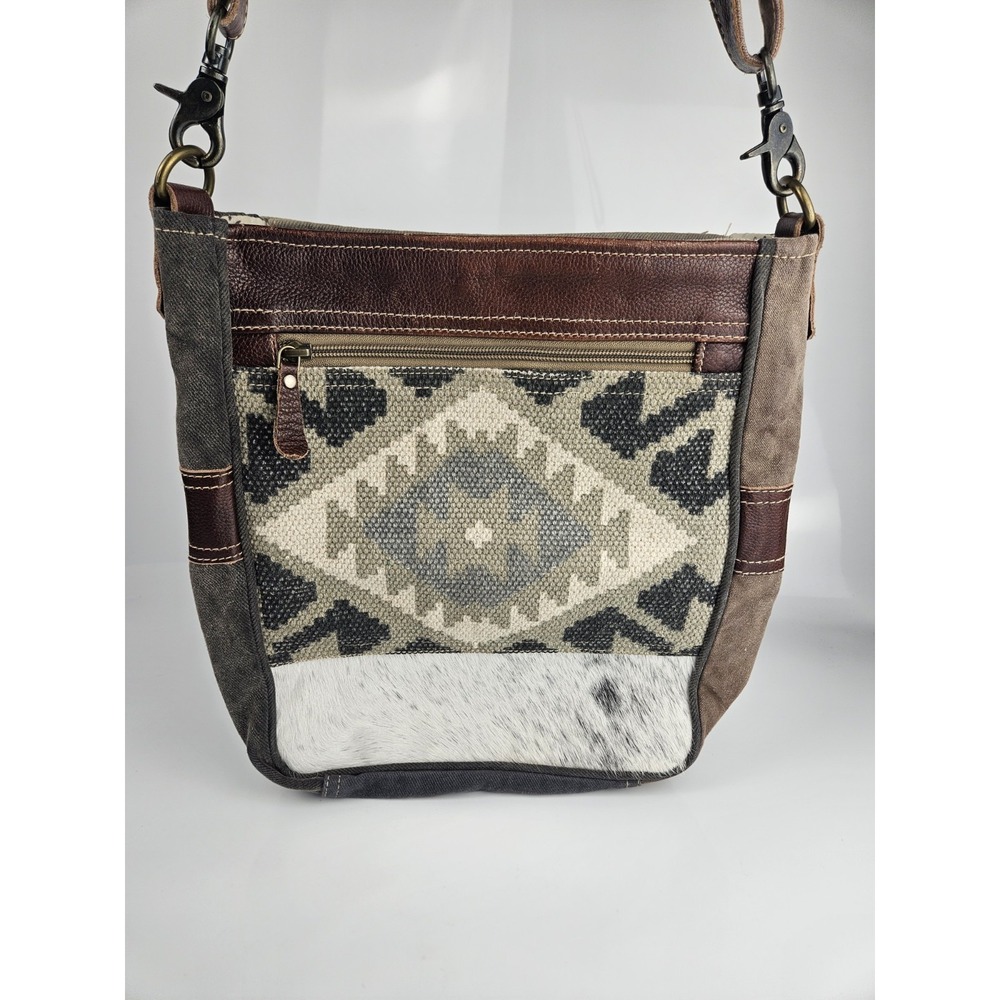 Myra Crossody Bag Southwest Print Woven Leather Cowhide‎ Accent Grey Brown White